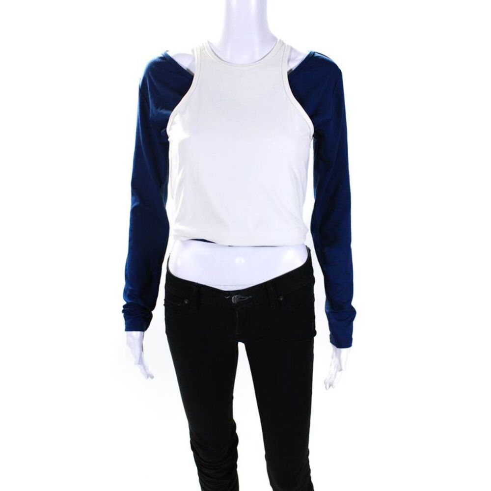 Lune Active Womens Crossover Long Sleeve Layered Lift Crop Top Blue White Large